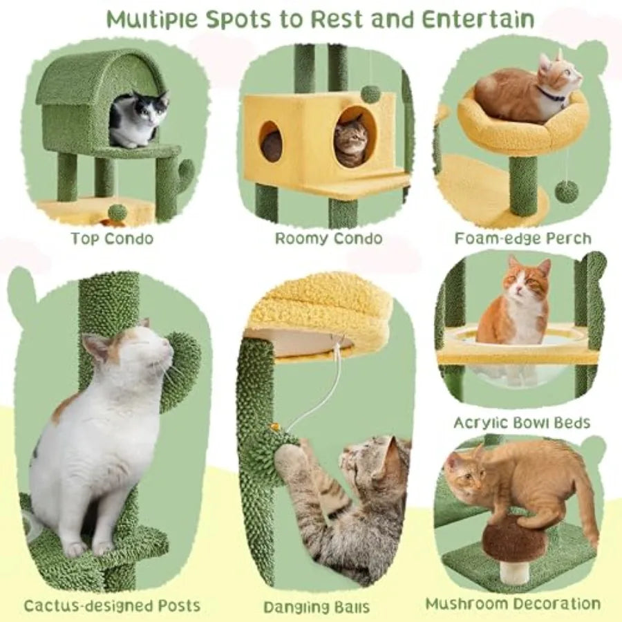 68.5in Tall Cactus Cat Tree Multi-Level Tower with 2 Large Condos Scratching Posts 2 Acrylic Clear Bowls Mushroom Perch Danglin