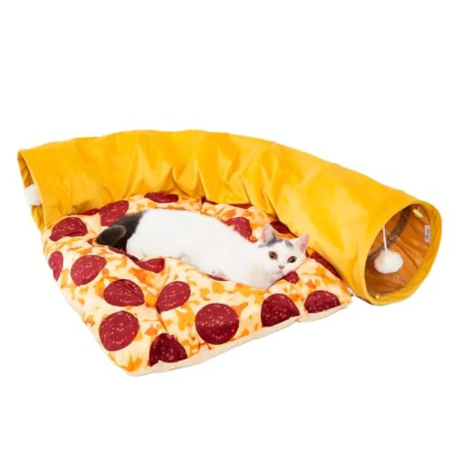 Cat Tunnel Bed - Peek-a-Boo Pizza Shape Design for Cozy and Playful Animals - 9.8 -Inch Diameter Yellow