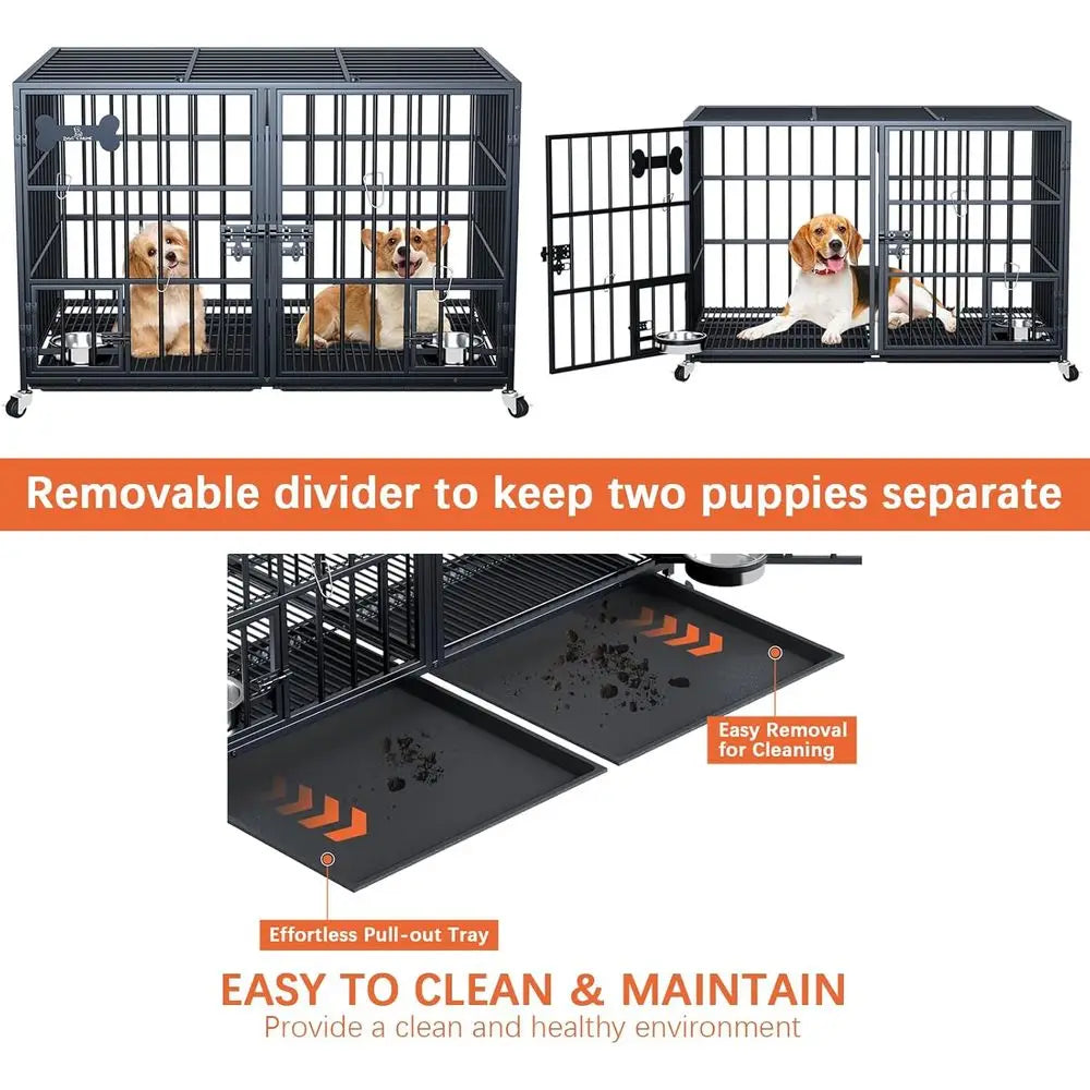 Double Dog Heavy Duty Metal Crate, Stackable with Wheels, Floor Grid, Tray, Divider, and Bowls