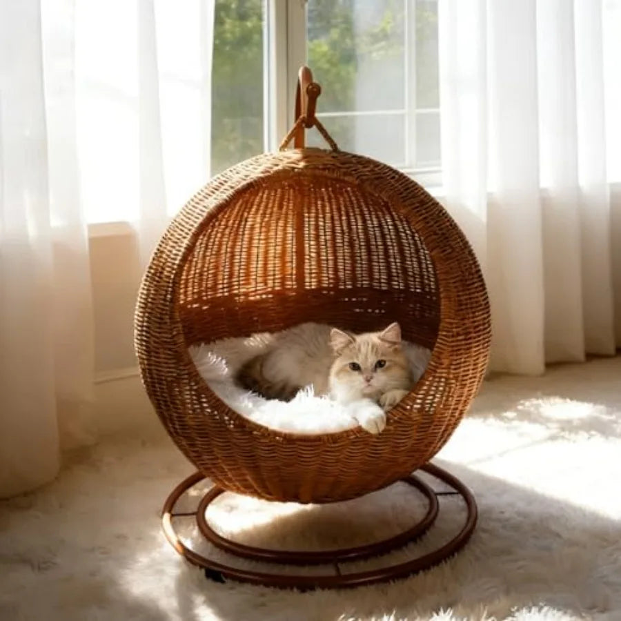 Wicker Cat Bed Indoor Outdoor Handwoven PP Rattan Cat Swing Bed with Removable Washable Cushion Breathable Waterproof Cat House