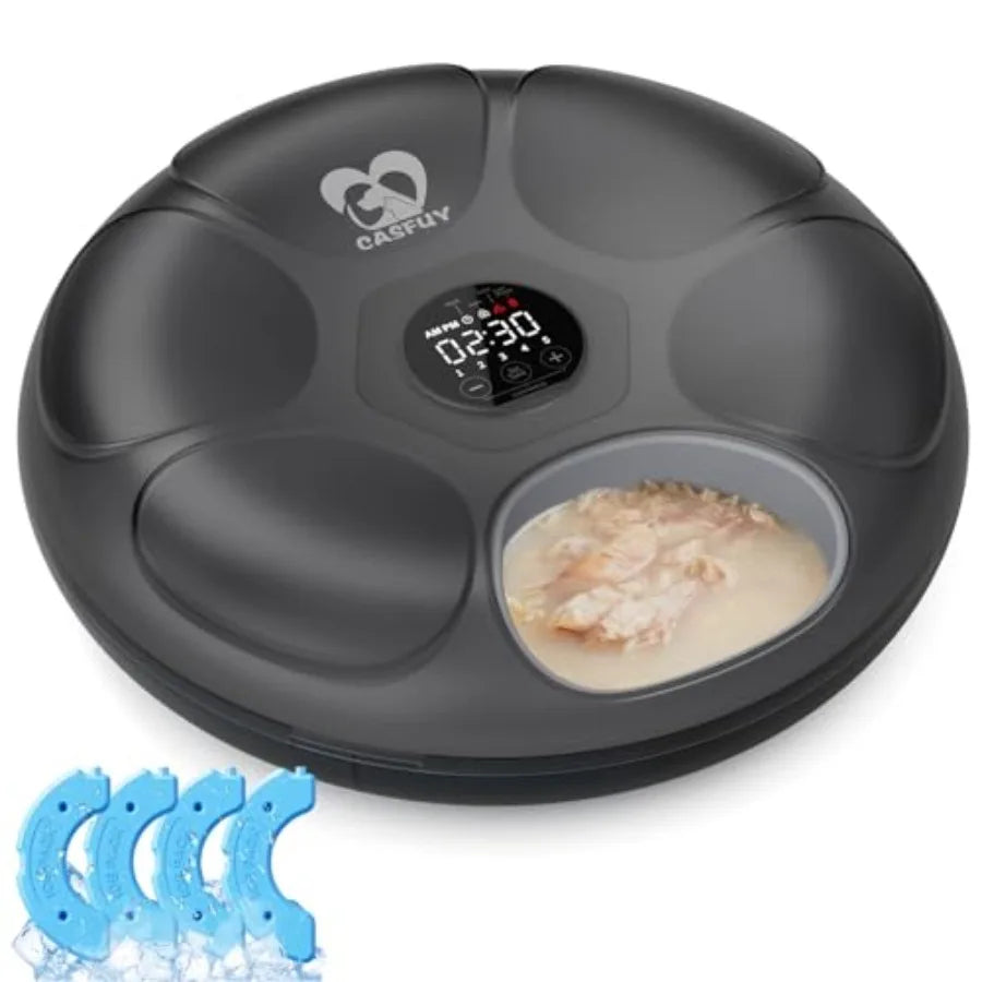 Automatic cat feeder cordless for wet food, BPA-free plastic, white, 4 ice packs + rechargeable battery + programmable timer +