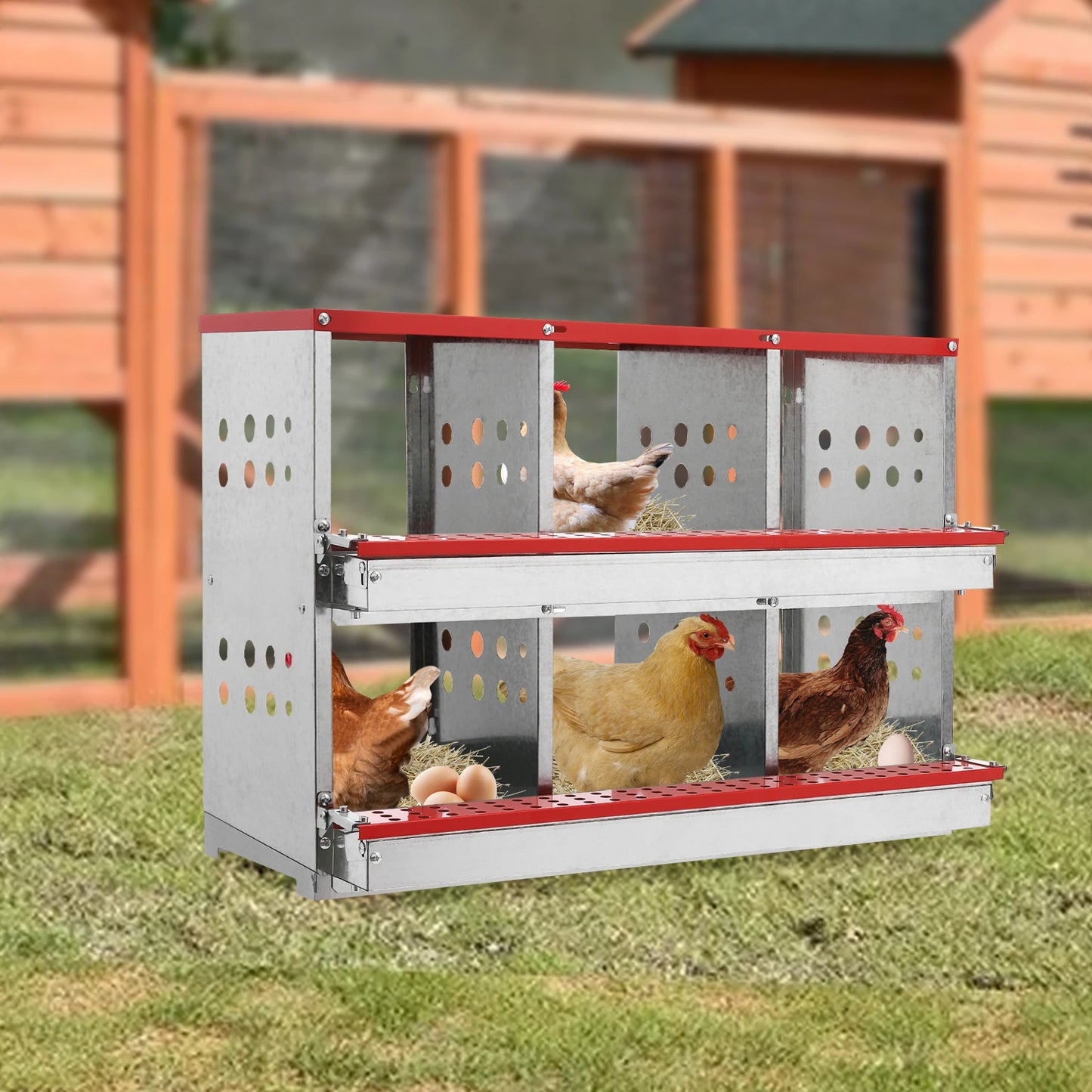 2 Tiers Metal Chicken Nesting Boxes Heavy-Duty Galvanized Steel Egg Laying Box with 6 Compartments Load 110.23lbs for Coops