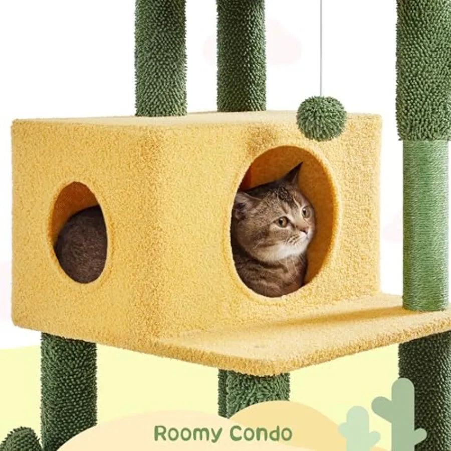 68.5in Tall Cactus Cat Tree Multi-Level Tower with 2 Large Condos Scratching Posts 2 Acrylic Clear Bowls Mushroom Perch Danglin