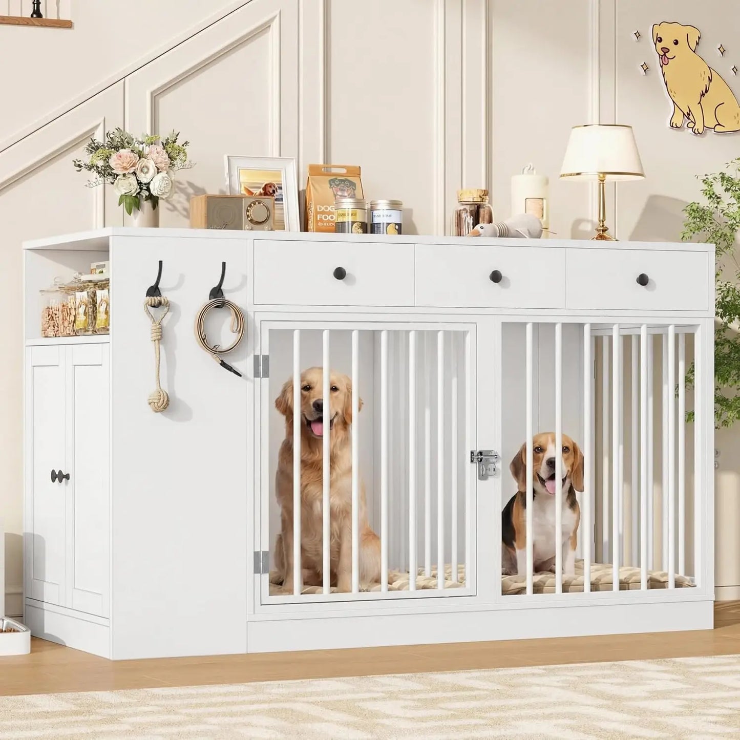 Dog Crate Furniture with Storage Drawers and Cabinet, Single/Double Dog Kennel Indoor with Removable Divider，Customized