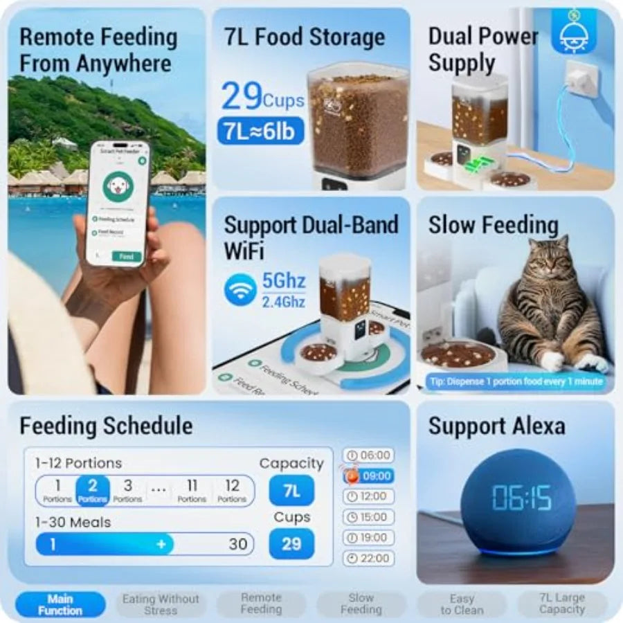 Automatic Cat Feeder 2 Cats with Slow Feed: Dual Automatic Dog Feeder with 5G WiFi Cat Food Dispenser with APP Control for Mult