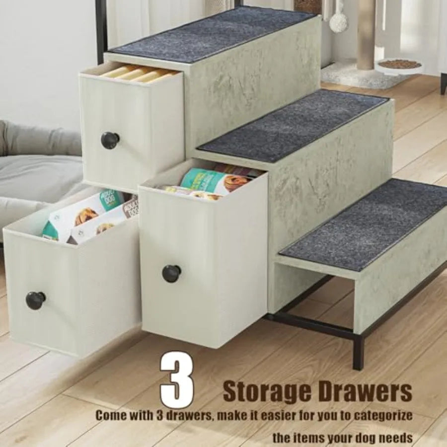 Pet Bunk Bed with Stairs and Storage for Dogs/Cats Window Perch and Bedside Lounge Elevated Multi-Level Platform in Gray Fabric