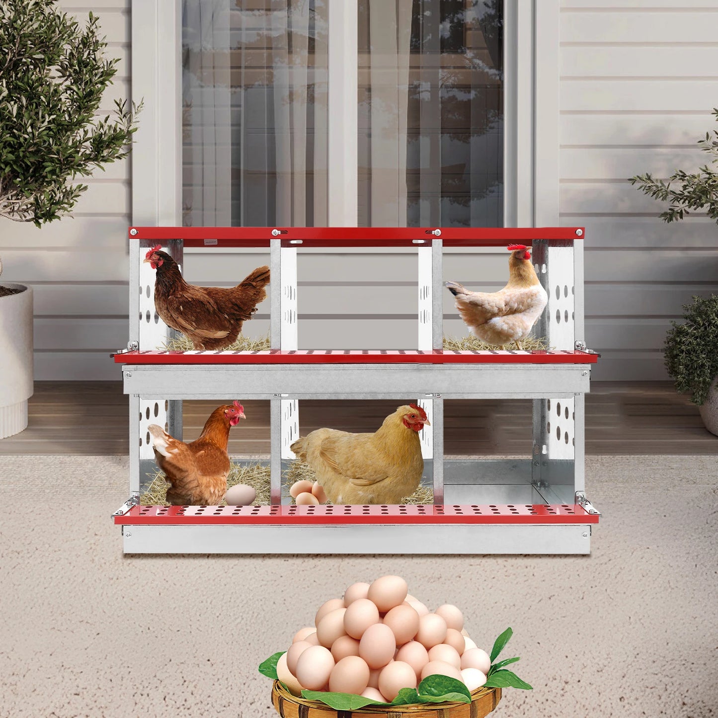 2 Tiers Metal Chicken Nesting Boxes Heavy-Duty Galvanized Steel Egg Laying Box with 6 Compartments Load 110.23lbs for Coops