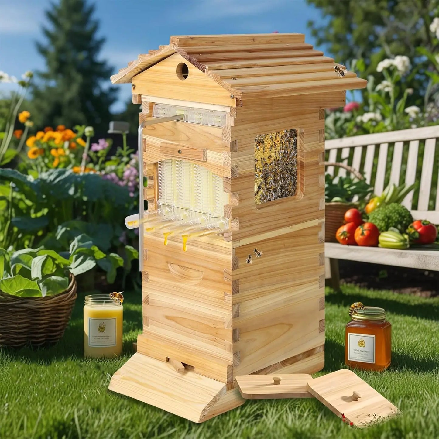 Auto Flow Wooden Honey Beehive Box Starter Kit with Observation Window Beekeeping Supplies for Backyard Garden, Custom
