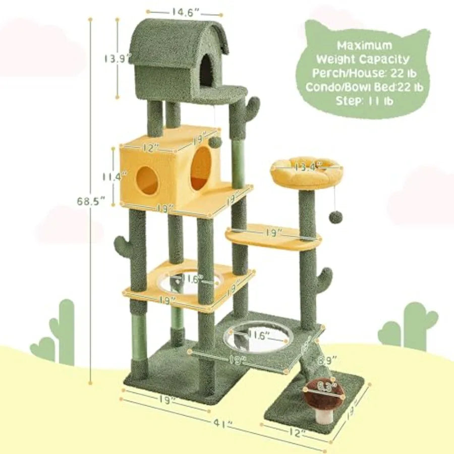 68.5in Tall Cactus Cat Tree Multi-Level Tower with 2 Large Condos Scratching Posts 2 Acrylic Clear Bowls Mushroom Perch Danglin