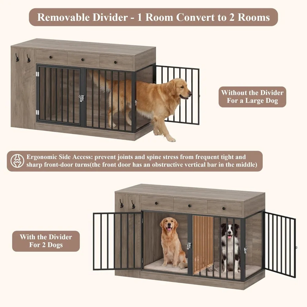 Dog Crate Furniture with Storage Drawers and Cabinet, Single/Double Dog Kennel Indoor with Removable Divider，Customized
