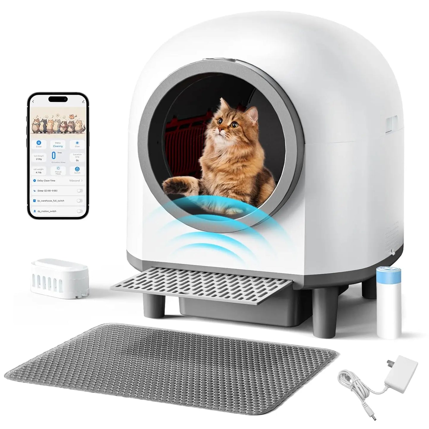 90L Large Self Cleaning Litter Box, App Control, Health Monitoring, Safety Sensors & Odor Removal for Multiple Cats, Custom