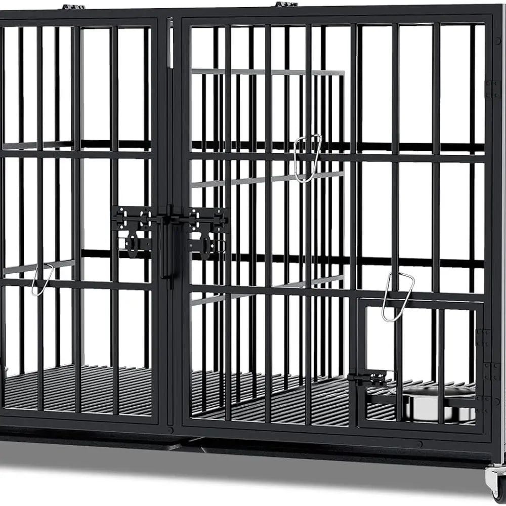 Double Dog Heavy Duty Metal Crate, Stackable with Wheels, Floor Grid, Tray, Divider, and Bowls