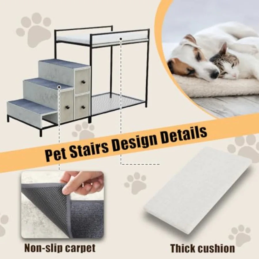 Pet Bunk Bed with Stairs and Storage for Dogs/Cats Window Perch and Bedside Lounge Elevated Multi-Level Platform in Gray Fabric