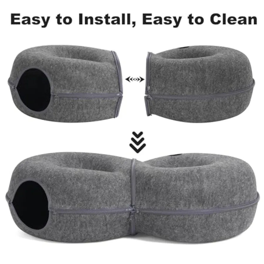 Indoor cat tunnel bed: 8-shaped large donut tunnel in gray fabric soft plush material infinite circulation design with 12 toy b