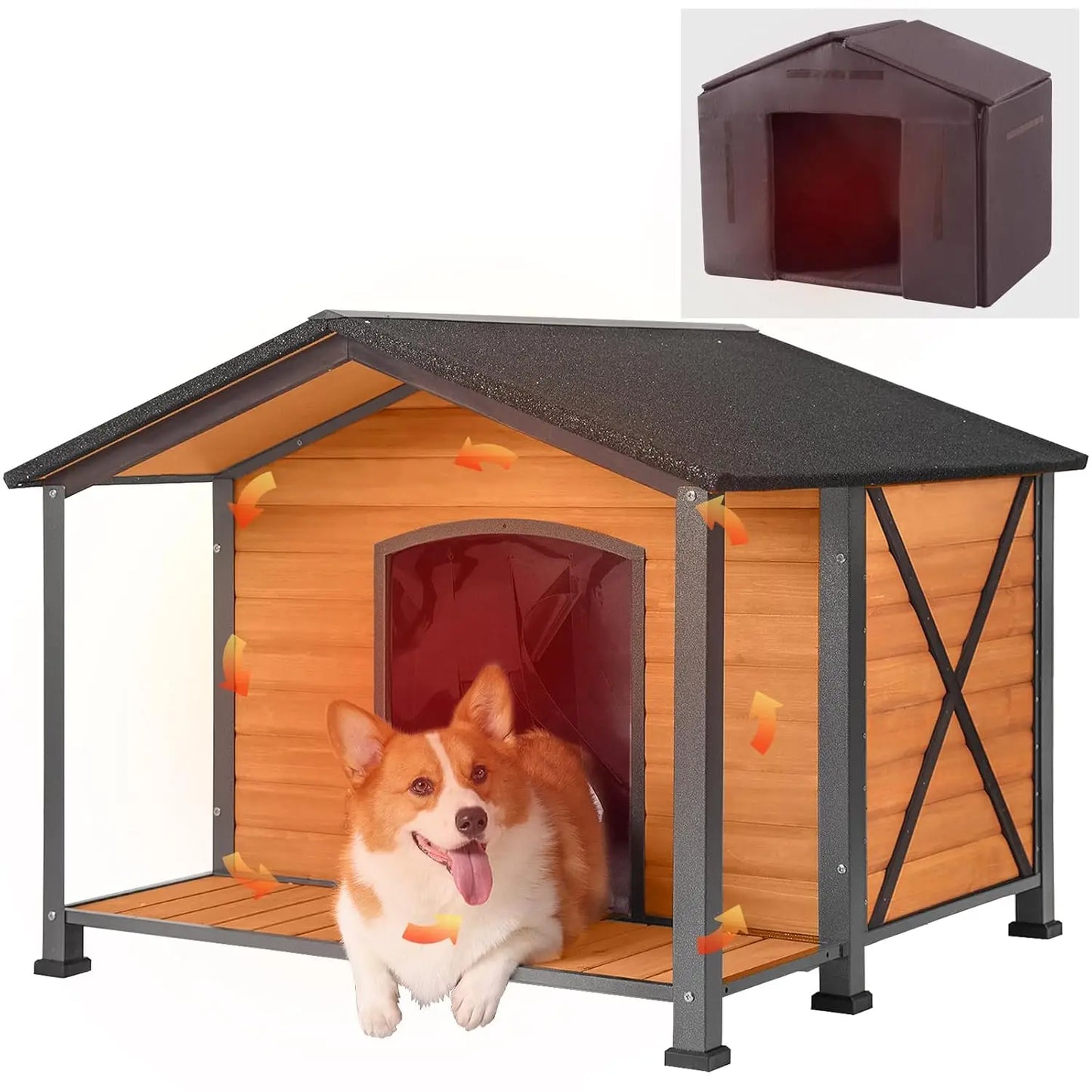 Insulated Outdoor Dog House Metal Frame Weatherproof Large Breed Shelter 41.5in Durable Kennel, Custom