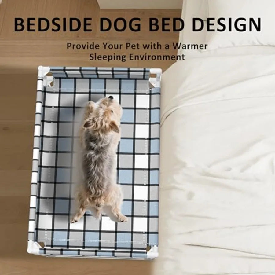 Bedside window pet cat bed for cats and dogs elevated wooden frame with soft gray fabric guardrail extension for safety fits hu