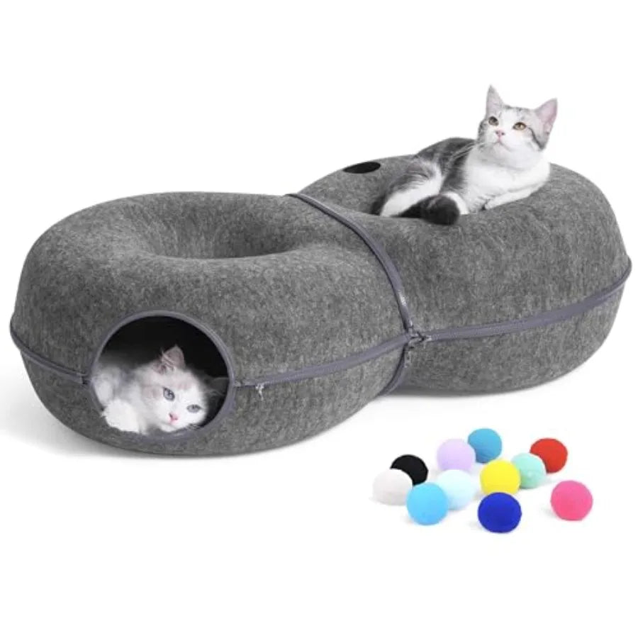 Indoor cat tunnel bed: 8-shaped large donut tunnel in gray fabric soft plush material infinite circulation design with 12 toy b