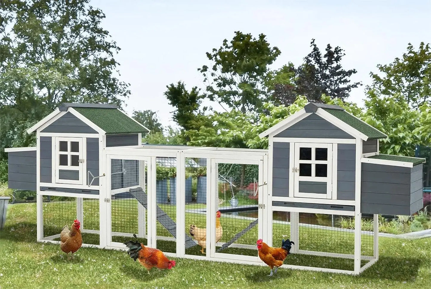 Large Chicken Coop for 10 Chickens with Run, Nesting Boxes, Removable Tray, Roosting Bars, Ramp - Outdoor Wooden Hen House