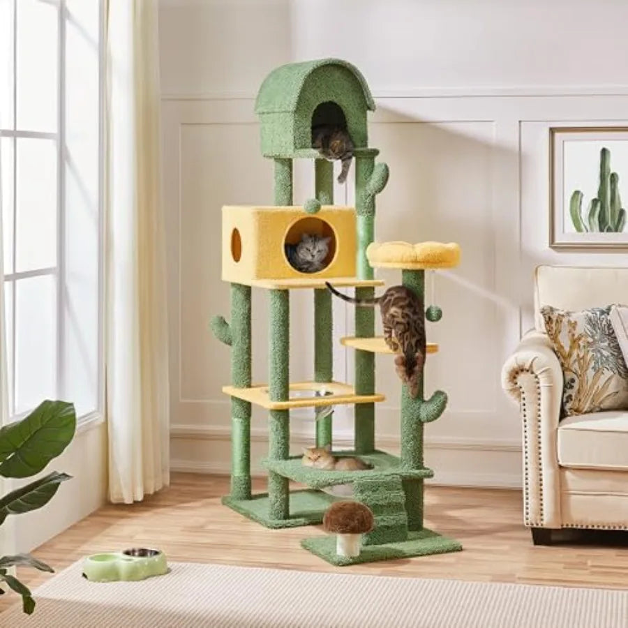 68.5in Tall Cactus Cat Tree Multi-Level Tower with 2 Large Condos Scratching Posts 2 Acrylic Clear Bowls Mushroom Perch Danglin