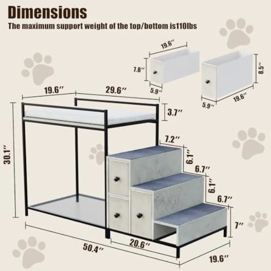 Pet Bunk Bed with Stairs and Storage for Dogs/Cats Window Perch and Bedside Lounge Elevated Multi-Level Platform in Gray Fabric