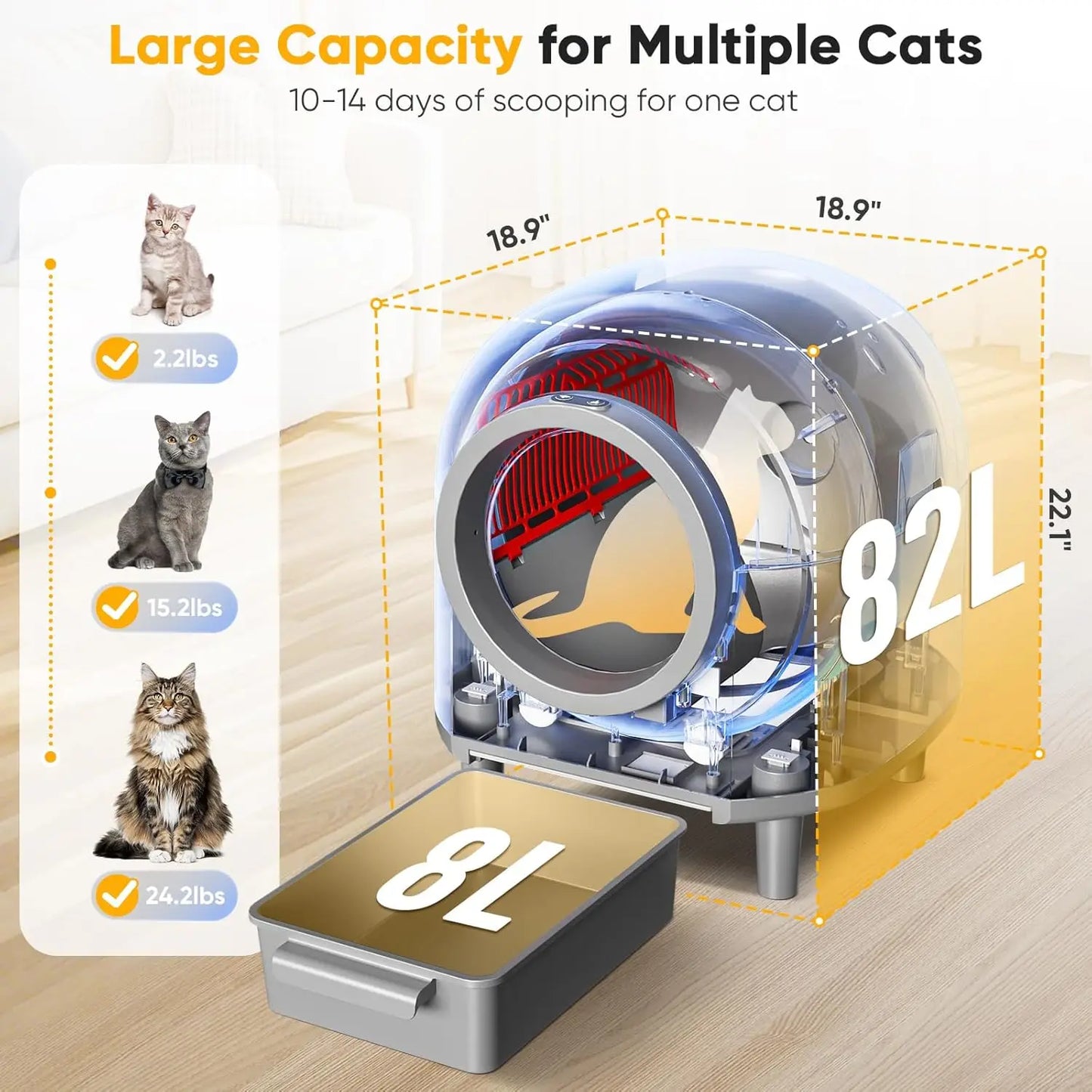 90L Large Self Cleaning Litter Box, App Control, Health Monitoring, Safety Sensors & Odor Removal for Multiple Cats, Custom