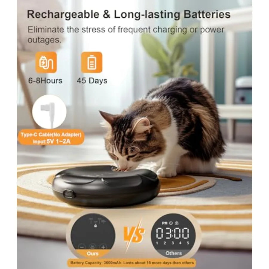 Automatic cat feeder cordless for wet food, BPA-free plastic, white, 4 ice packs + rechargeable battery + programmable timer +