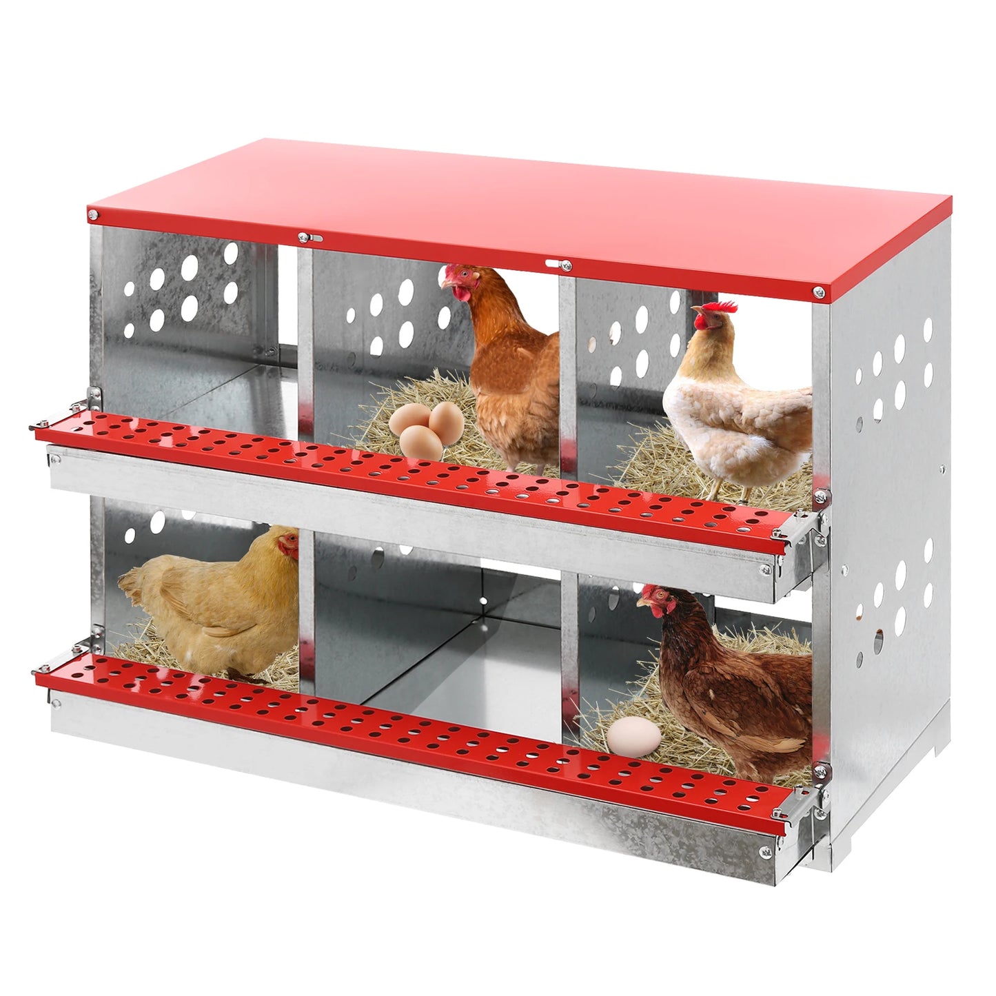 2 Tiers Metal Chicken Nesting Boxes Heavy-Duty Galvanized Steel Egg Laying Box with 6 Compartments Load 110.23lbs for Coops
