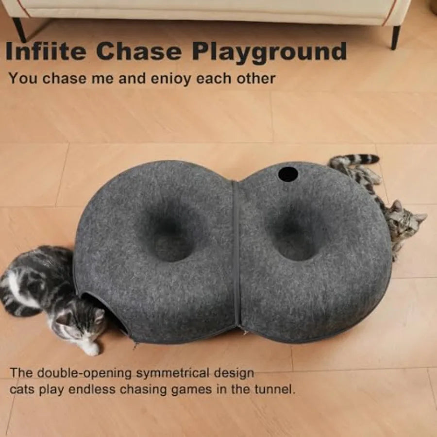 Indoor cat tunnel bed: 8-shaped large donut tunnel in gray fabric soft plush material infinite circulation design with 12 toy b