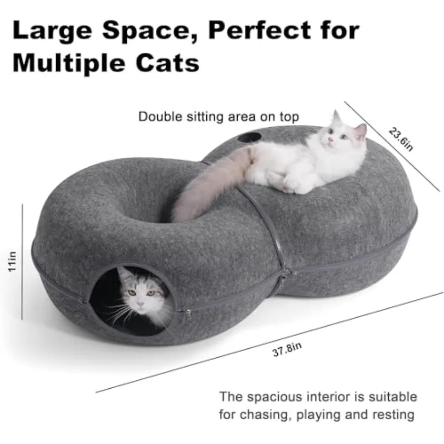 Indoor cat tunnel bed: 8-shaped large donut tunnel in gray fabric soft plush material infinite circulation design with 12 toy b